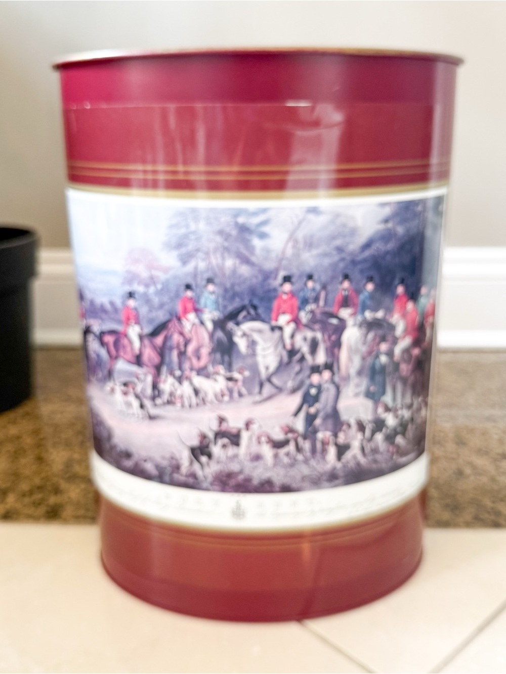 Vintage Red Equestrian Fox Hunt Metal Wastebasket - Hunt Club RL Aesthetic